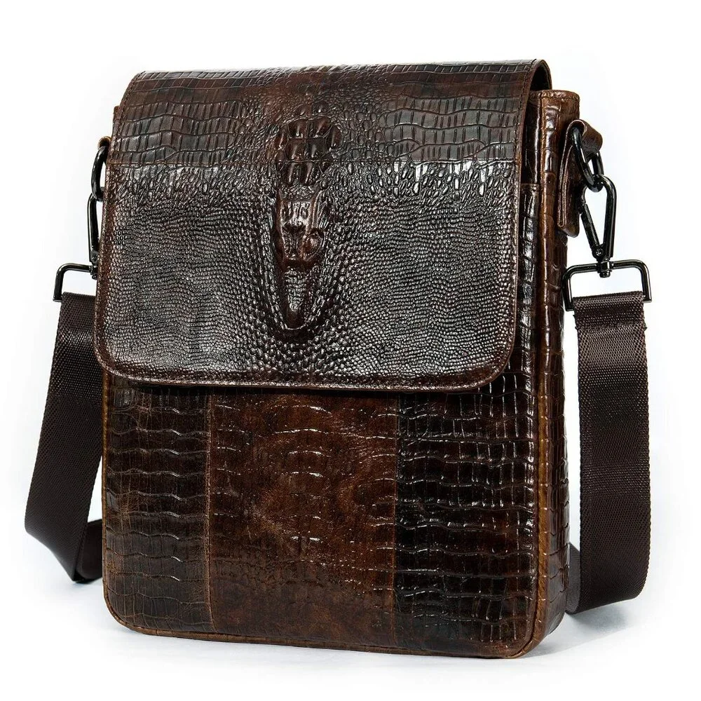 Genuine Leather Messenger Bag Crocodile Embossed Crossbody Daypack Retro